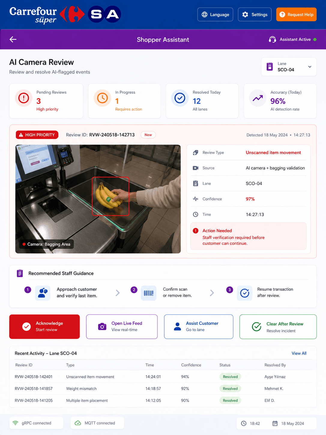 Staff-facing AI camera item review and verification workflow