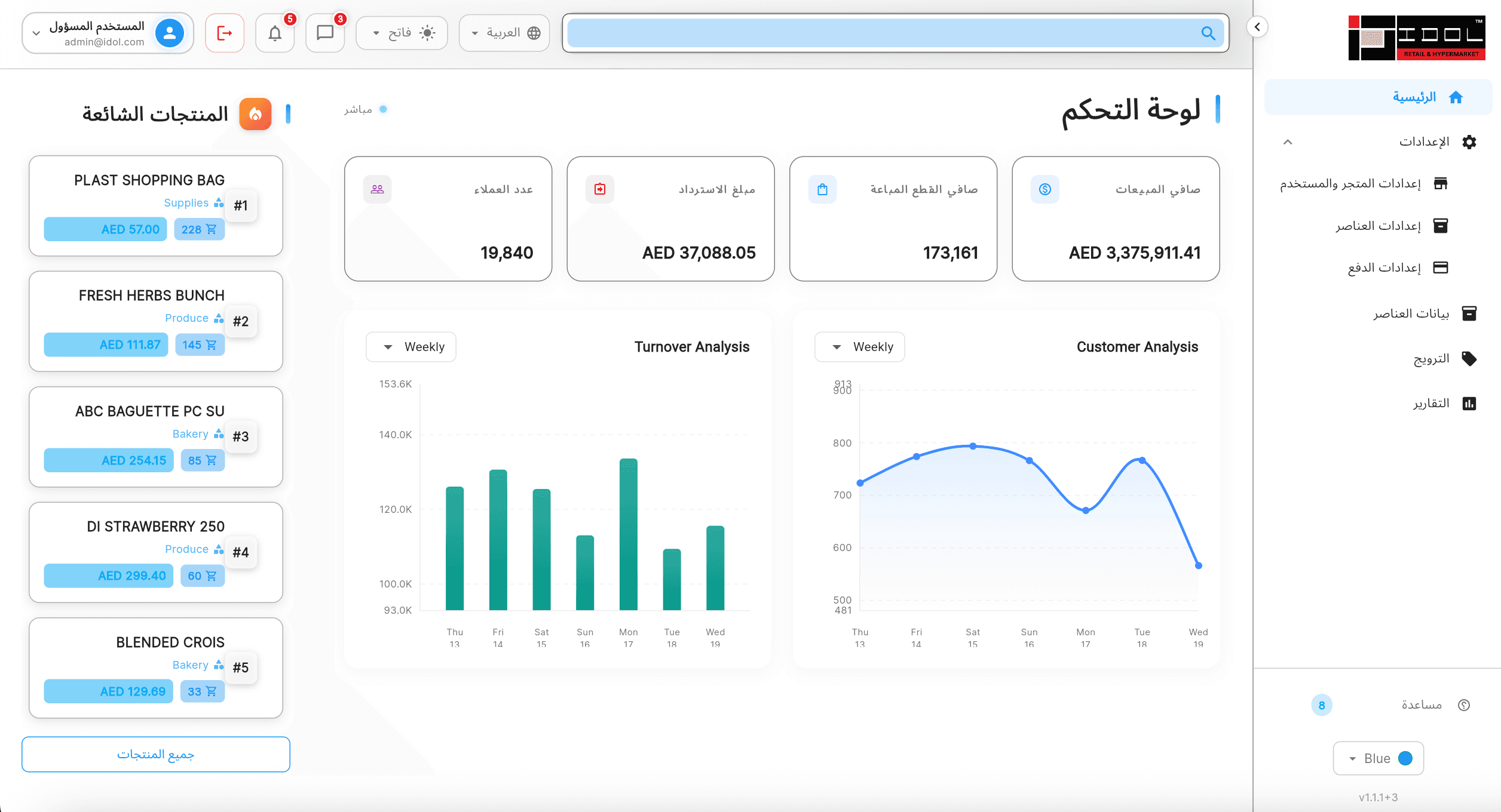 i-POS Central Management dashboard with Arabic right-to-left localization