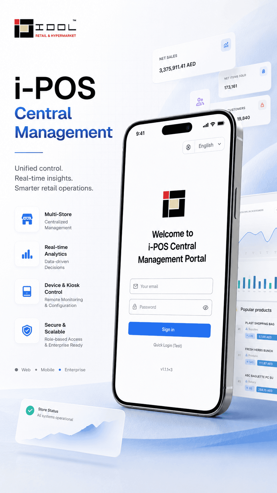 i-POS Central Management responsive Flutter web portal shown on a narrow viewport