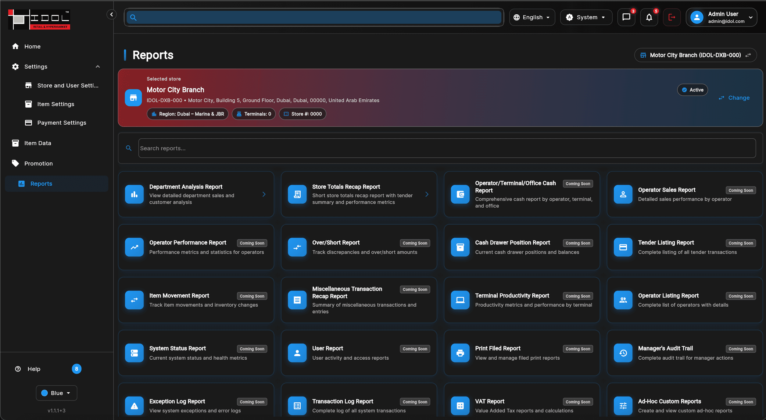 i-POS Central Management reports module in dark mode