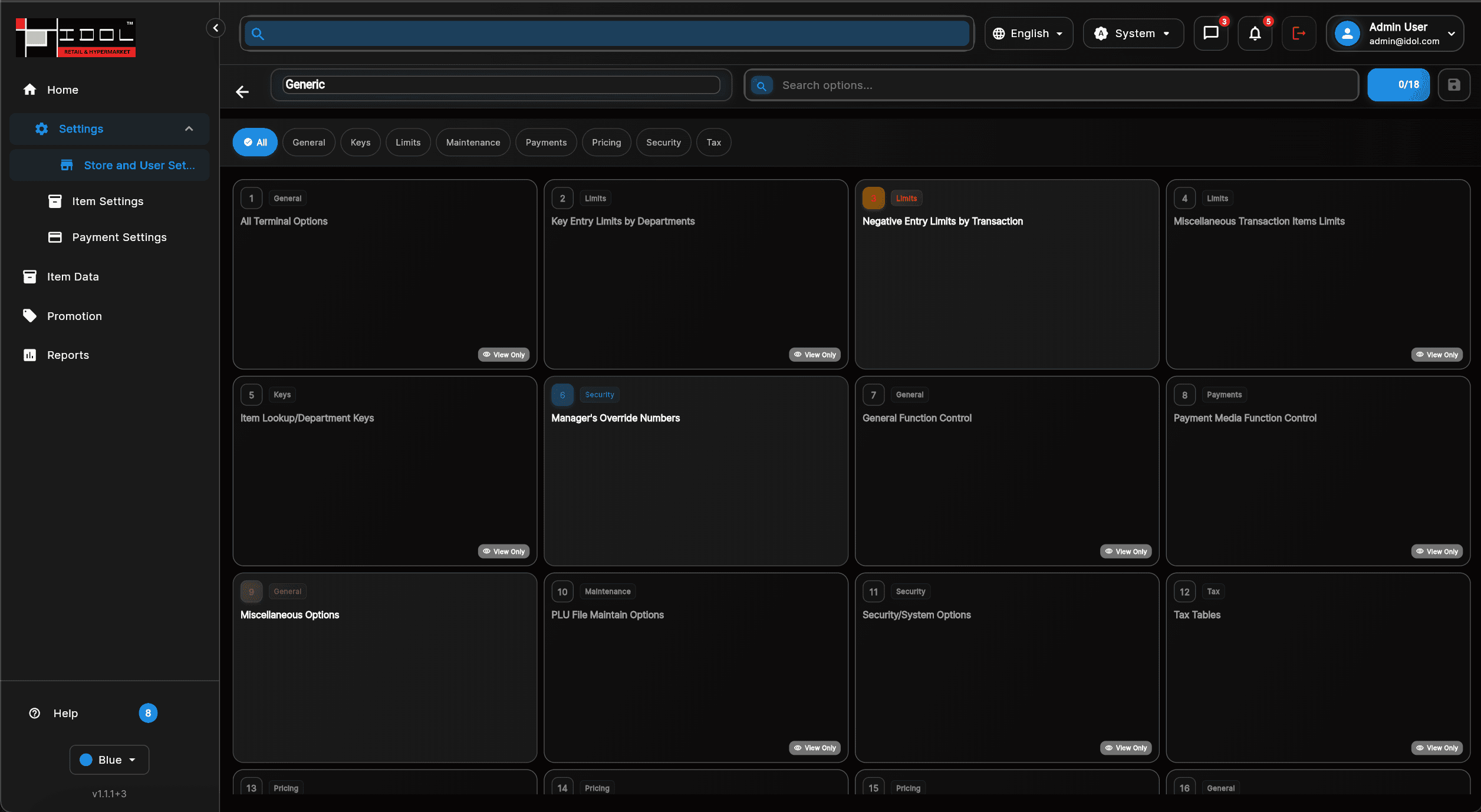 i-POS Central Management terminal options configuration in dark mode